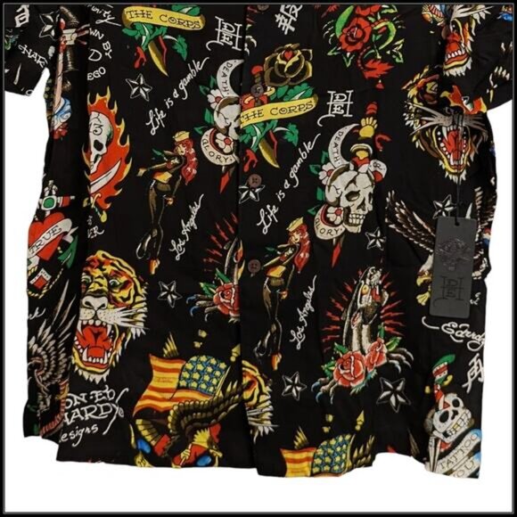 New ED HARDY AOP Black Flashboard Camp Button Up Shirt Skull Lion Tattoo Men M - Picture 6 of 9